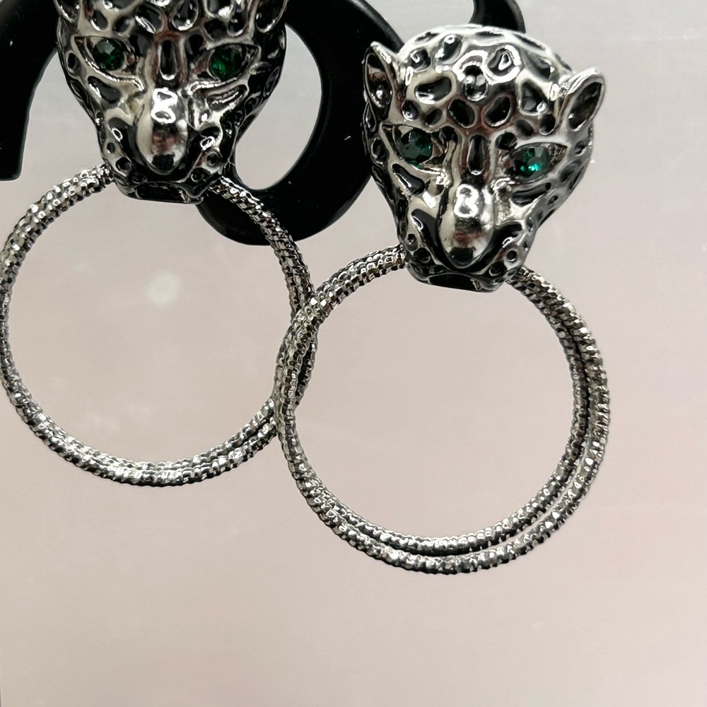 Vintage Silver Leopards with Green Crystal Earrings